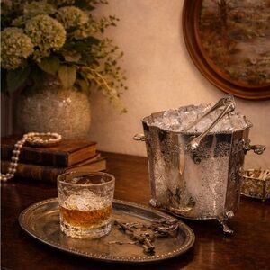 Vintage Ornate Silver Plate Ice Bucket w/ Tongs Floral Etched India Estate